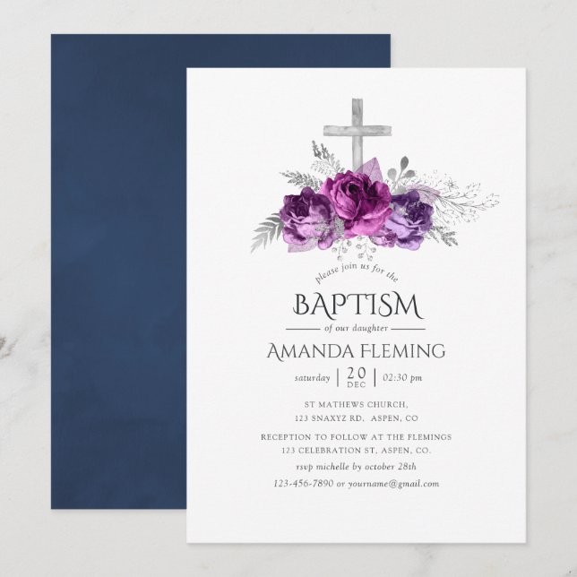 Plum and Navy Floral Baptism or Christening Invitation (Front/Back)