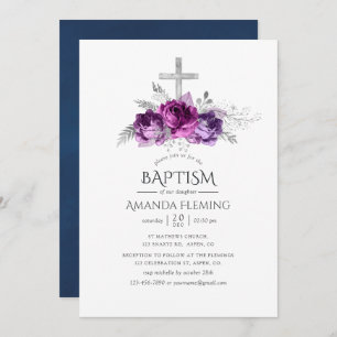 Plum and Navy Floral Baptism or Christening Invitation