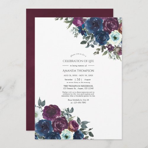 Plum and Navy Floral Celebration of Life Photo Invitation