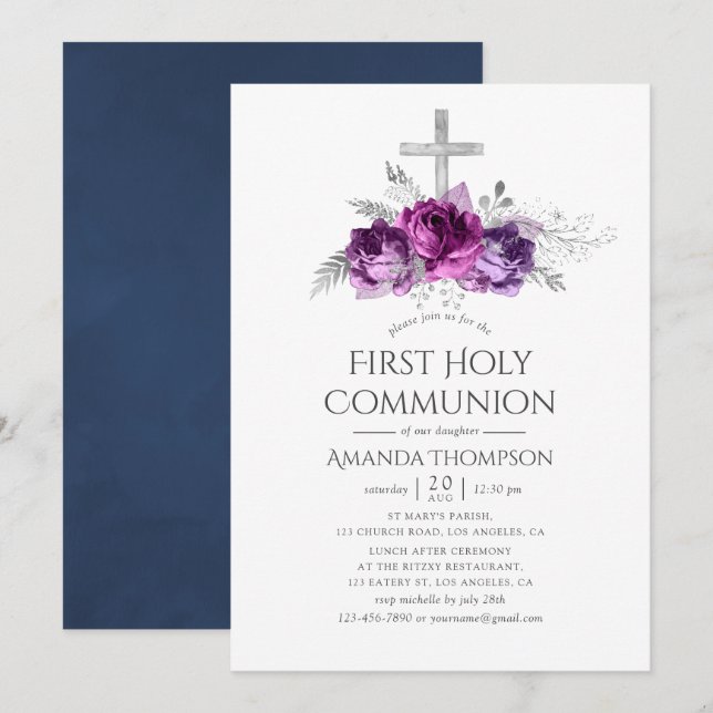 Plum and Navy Floral First Holy Communion Invitation (Front/Back)