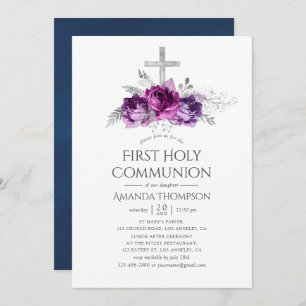 Plum and Navy Floral First Holy Communion Invitation