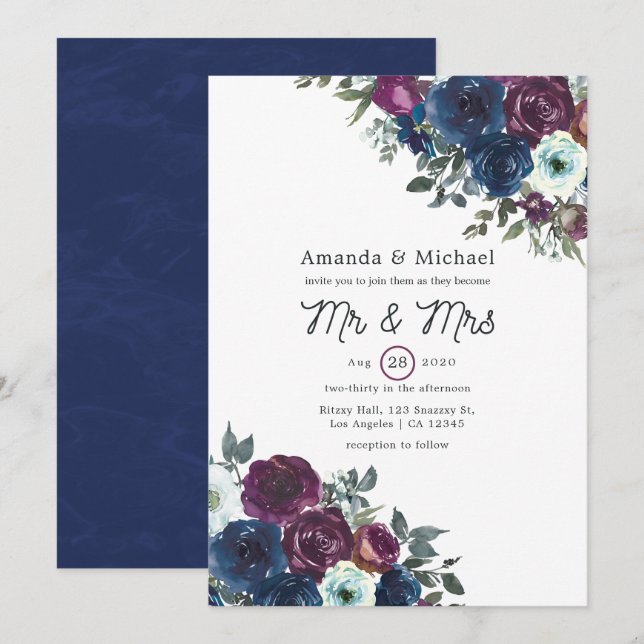 Plum and Navy Floral Wedding Invitation (Front/Back)