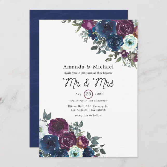 Plum and Navy Floral Wedding Invitation | Zazzle