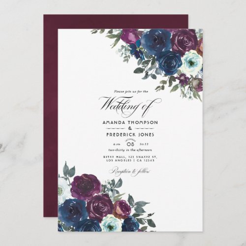 Plum and Navy Floral Wedding Photo Invitation