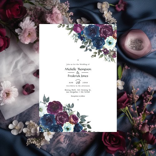 Plum and Navy Floral Wedding Photo Invitation