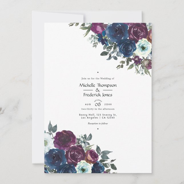 Plum and Navy Floral Wedding Photo Invitation (Front)