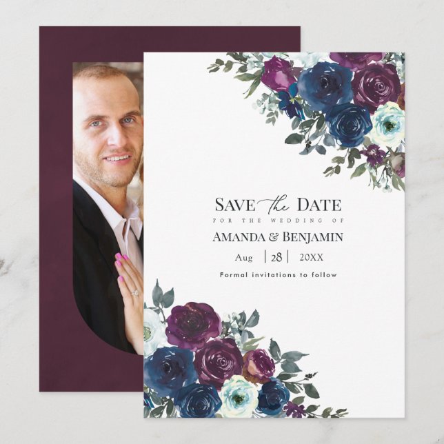 Plum and Navy Floral Wedding Photo Save The Date (Front/Back)