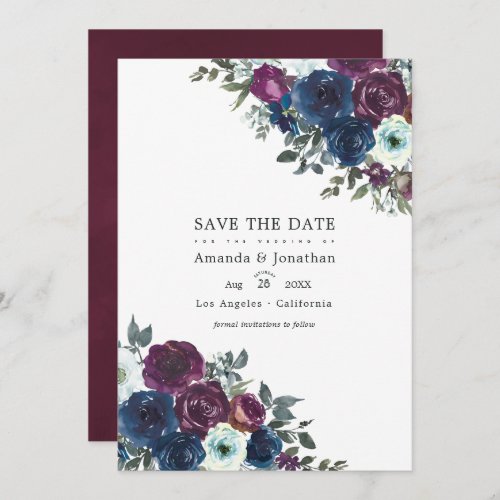 Plum and Navy Floral Wedding Photo Save The Date