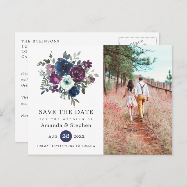Plum and Navy Floral Wedding Postcard (Front/Back)