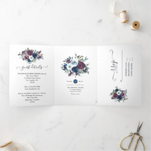 Plum and Navy Floral Wedding Tri-Fold Invitation