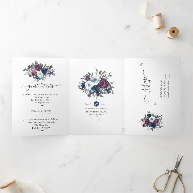 Plum and Navy Floral Wedding Tri-Fold Invitation (Inside)