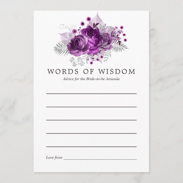 Plum and Navy Watercolor Floral Bridal Advice Card (Front)