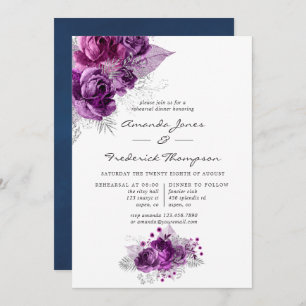 Plum and Navy Watercolor Floral Rehearsal Dinner Invitation