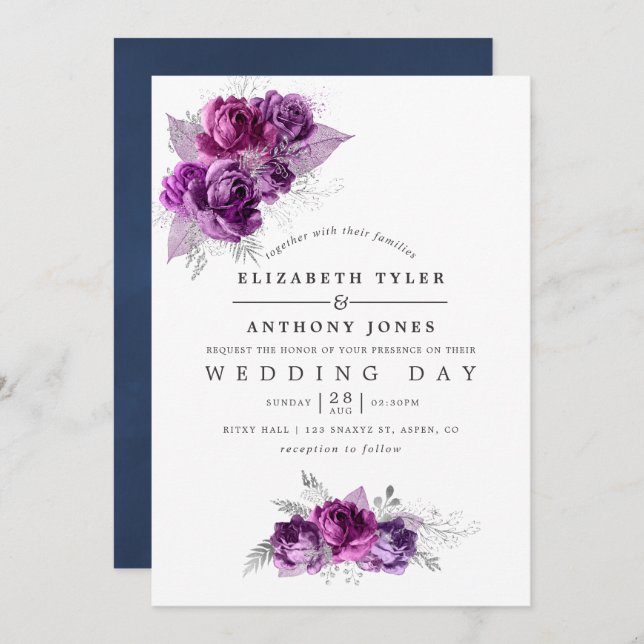 Plum and Navy Watercolor Floral Wedding Invitation (Front/Back)