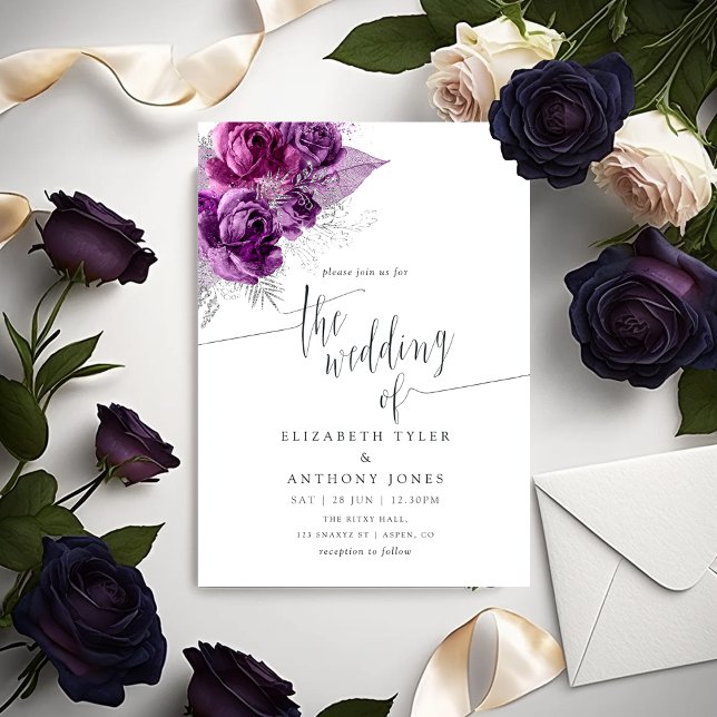 Plum and Navy Watercolor Floral Wedding Invitation (Creator Uploaded)