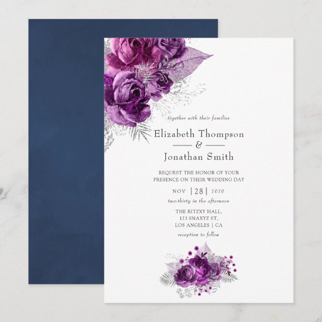 Plum and Navy Watercolor Floral Wedding Invitation (Front/Back)
