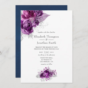 Plum and Navy Watercolor Floral Wedding Invitation
