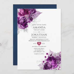 Plum and Navy Watercolor Floral Wedding Invitation