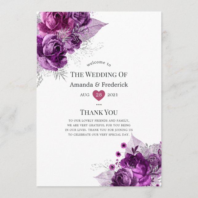 Plum and Navy Watercolor Floral Wedding Program (Front)