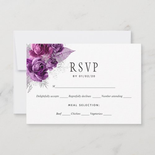 Plum and Navy Watercolor Floral Wedding RSVP Card