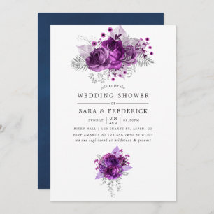 Plum and Navy Watercolor Floral Wedding Shower Invitation