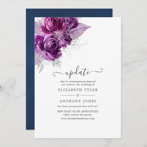 Plum and Navy Watercolor Floral Wedding Update Invitation