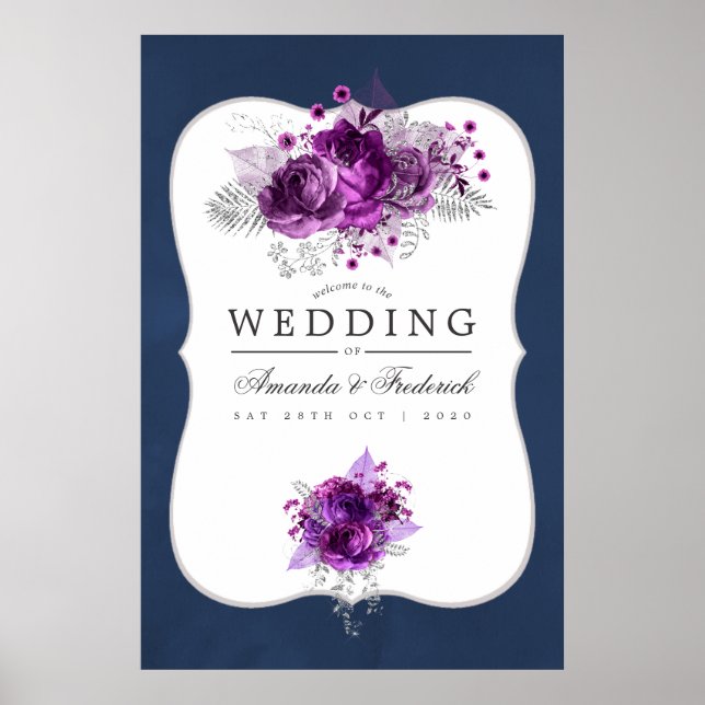 Plum and Navy Watercolor Floral Wedding Welcome Poster (Front)