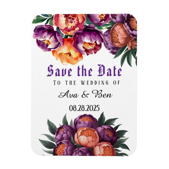 Plum and Orange Paint Peony Save the Date Magnet (Vertical)