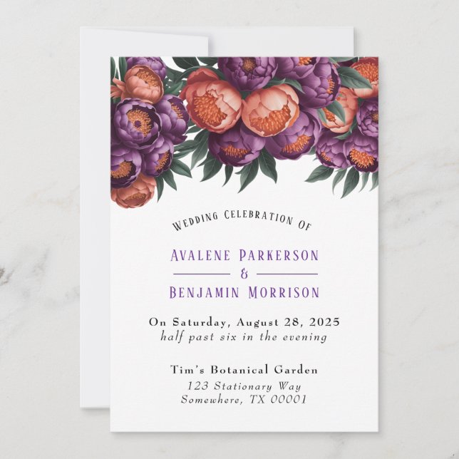 Plum and Orange Paint Peony Wedding Celebration  Invitation (Front)