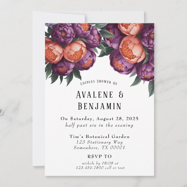 Plum and Orange Painted Peony Couples Shower Invitation (Front)