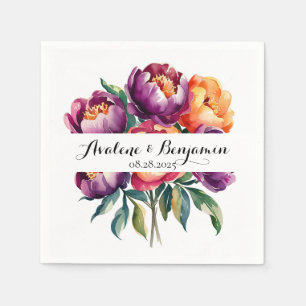 Plum and Orange Watercolor Peony Bouquet Wedding Napkins