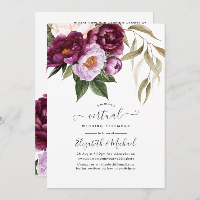 Plum and Pastel Violet Floral Virtual Wedding Invitation (Front/Back)