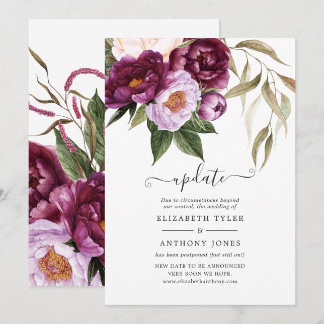 Plum and Pastel Violet Floral Wedding Update Invitation (Front/Back)