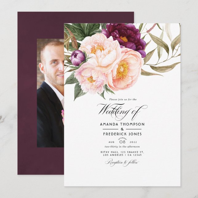 Plum and Peach Floral Wedding Photo Invitation (Front/Back)
