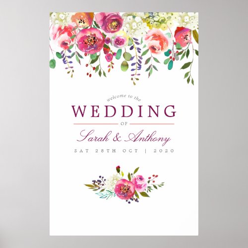 Plum and Peach Watercolor Floral Wedding Welcome Poster