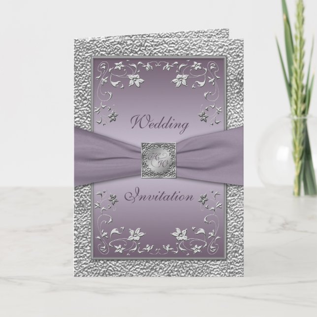 Plum and Pewter Card Style Wedding Invitation (Front)
