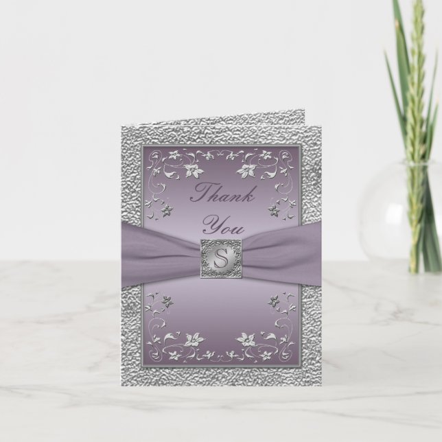 Plum and Pewter Floral Monogram Thank You Card (Front)