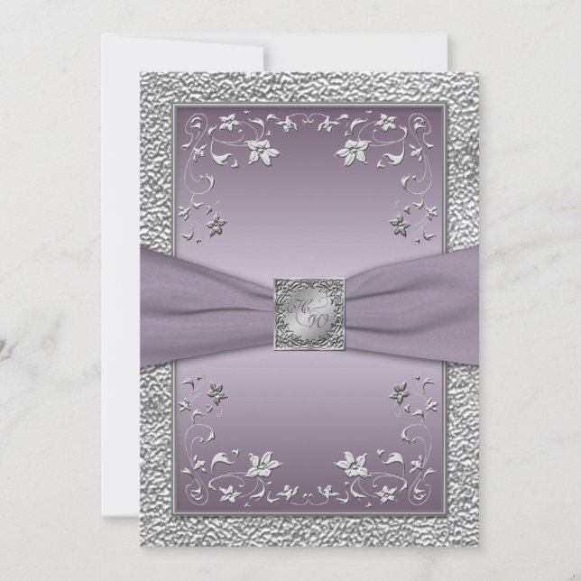Plum and Pewter Floral Monogrammed Invitation (Front)