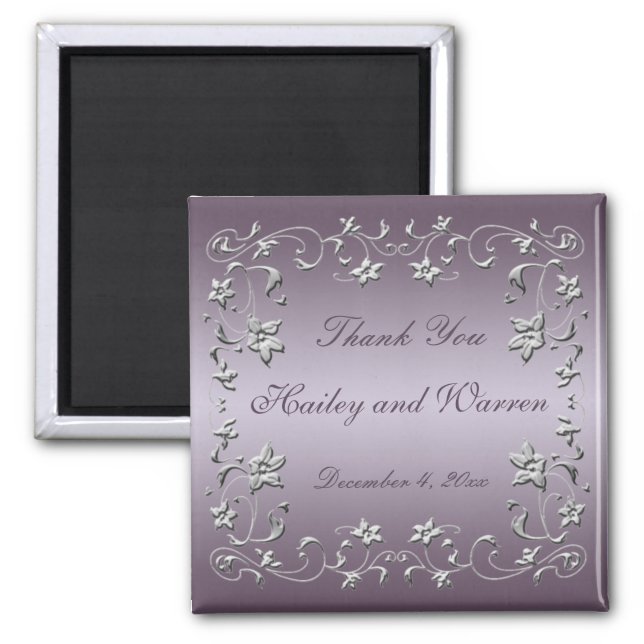 Plum and Pewter Floral Wedding Favor Magnet (Front)