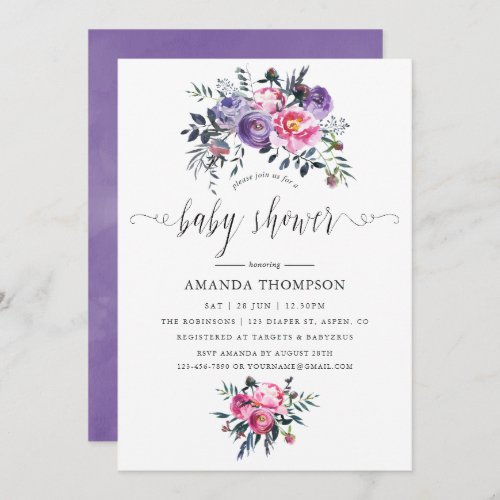 Plum and Pink Watercolor Floral Baby Shower Invitation