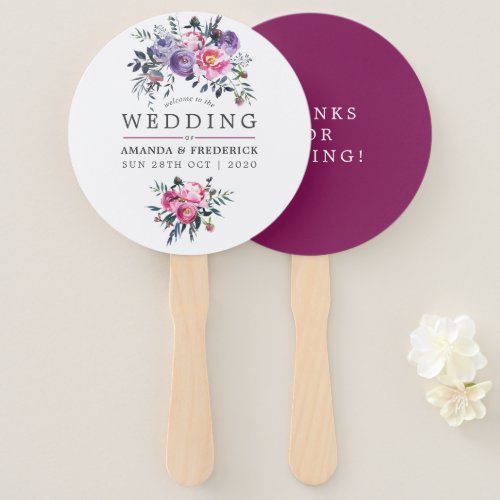 Plum and Pink Watercolor Floral Wedding Favor Hand Fan