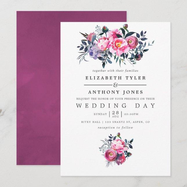 Plum and Pink Watercolor Floral Wedding Invite (Front/Back)