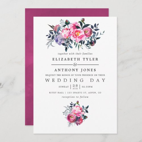 Plum and Pink Watercolor Floral Wedding Invite