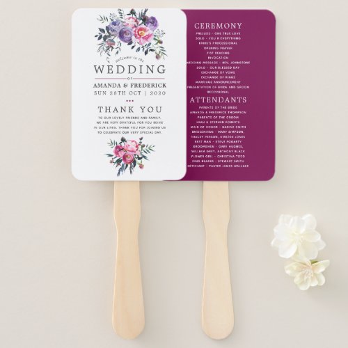 Plum and Pink Watercolor Floral Wedding Program Hand Fan