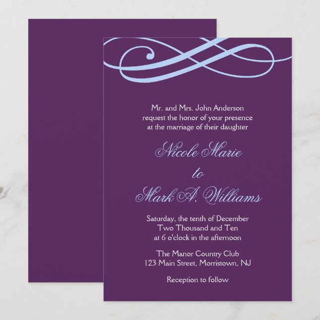 Plum and Powder Blue Swirls Wedding Invitations (Front/Back)