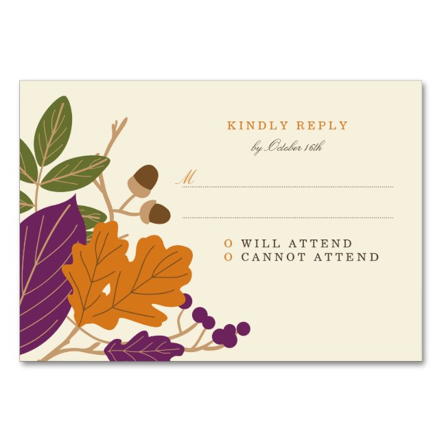 Plum and Pumpkin Fall Wedding RSVP Table Number (Front)