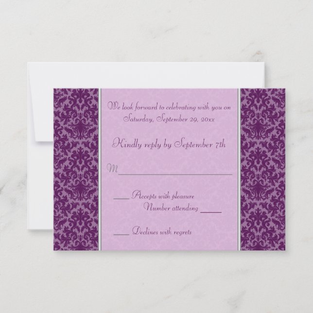Plum and Silver Damask RSVP Card (Front)
