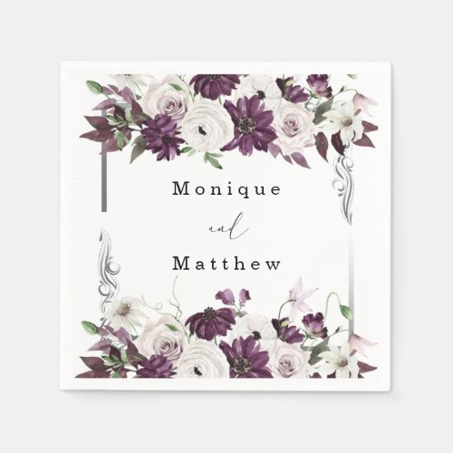 Plum and Silver Floral Geometric Wedding Napkins