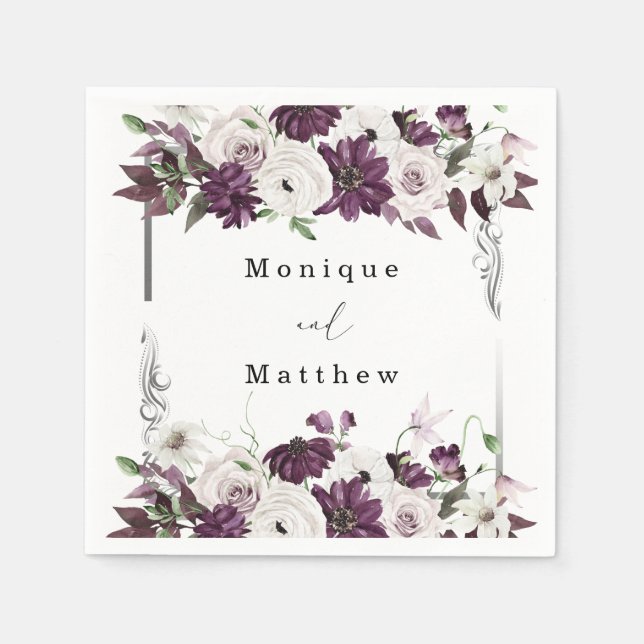 Plum and Silver Floral Geometric Wedding Napkins (Front)