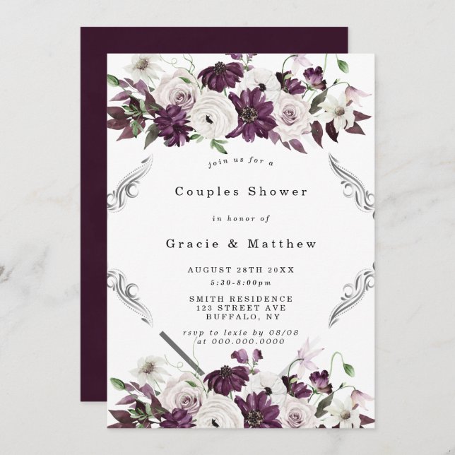 Plum and Silver Geometric Couples Shower Invites (Front/Back)